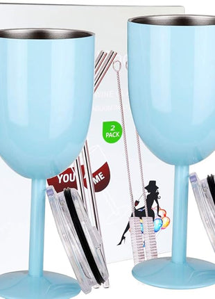 AMZUShome Stainless Steel Wine Glasses(2 Pack).Double Walled Vacuum Insulated Wine Tumbler Cups With Lid and Straw.Friendship,Christmas,Birthday Gifts for Women Men Friends Dad Mom(10oz Light Blue)