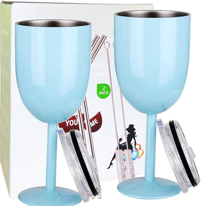 AMZUShome Stainless Steel Wine Glasses(2 Pack).Double Walled Vacuum Insulated Wine Tumbler Cups With Lid and Straw.Friendship,Christmas,Birthday Gifts for Women Men Friends Dad Mom(10oz Light Blue)