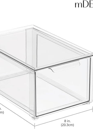 mDesign Plastic Pantry Organization and Storage Bin w/Pull Out Drawer - Stackable Kitchen Supplies Storage Container for Organizing Cabinet, Fridge, Freezer - Lumiere Collection - 4 Pack, Clear