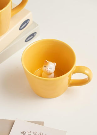 DIHOclub Cat Coffee Cup Hidden Ceramic Animal Inside Mug,Cute Cartoon Handmade Figurine Mugs,Holiday and Birthday Gift for Coffee Milk Tea Lovers,12 Oz(yellow)