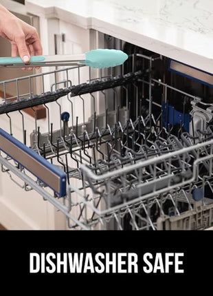 GORILLA GRIP Stainless Steel Heat Resistant Kitchen Tongs for Cooking, 9 + 12 Inch, Set of 2 BBQ Tong, Non Scratch Silicone Tip for Pan, Strong Grip, Grab Food, Toss Salad, Air Fryer, Pull Lock, Mint