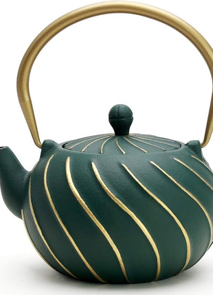 TOPTIER Japanese Cast Iron Teapot with Infuser, Stovetop Safe Teakettle, Wave Design, Enameled Interior, 30 oz (900 ml), Green