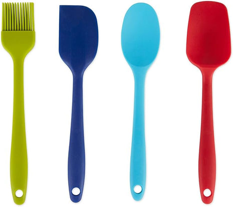 RSVP International Ela Series Mini Spatula Set for Cooking & Baking Silicone Rubber Scraper, Great Tool for Kids, Spoon, Spatula & Brush, 4 Piece Set, Assorted Colors, 4 Count