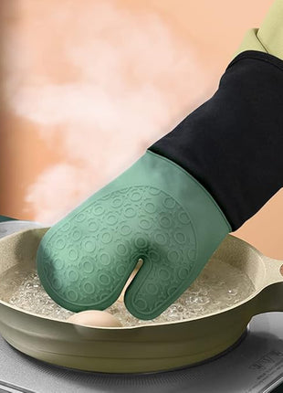 sungwoo Extra Long Silicone Oven Mitts, Heat Resistant Oven Gloves with Quilted Liner Non-Slip Textured Grip Perfect for BBQ, Baking and Cooking - 1 Pair 14.6 Inch Midnight Green & Black