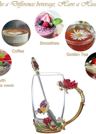 Handicraft Crystal Glass 3D Flower Cups Tea Mug With Tea Spoon Women Coffee, Tea, Juice, Beer, Milk Hot And Cold Drinks Use Gift Package. (Red Rose-Tal)