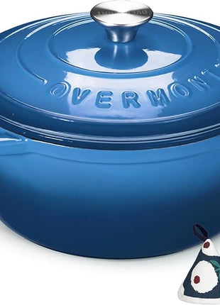 Overmont Enameled Cast Iron Dutch Oven - 5.5QT Pot with Lid Cookbook & Cotton Potholders - Heavy-Duty Cookware for Braising, Stews, Roasting, Bread Baking blue