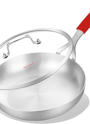 DELARLO Whole Body Tri-Ply Stainless Steel 12 Inch Frying Pan With Lid, kitchen large Skillet Suitable for All Stove Up to 600℉, 18/10 Cookware