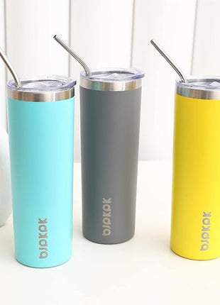 BJPKPK Black Skinny Stainless Steel Tumblers 20 oz Slim Insulated Reusable Coffee Travel Water Tumbler Cup With Lid