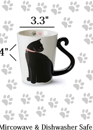 VOTUM Black Cat Ceramic White Coffee or Tea Mug - Animal Shaped Cup with Hand Printed Designs - Cute Handmade Gift for Men or Women Cat Lovers - 12 Fluid Ounce
