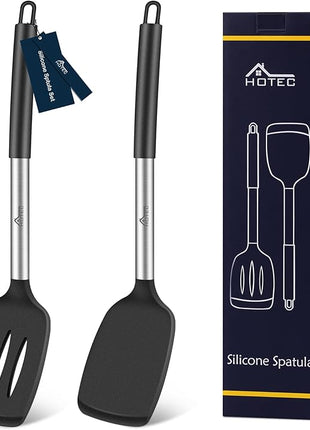 HOTEC Silicone Spatula Set of 2 Heat-Resistant 600°F & BPA-Free Kitchen SaptulaTurner with Stainless Steel Handles, Slotted & Solid Spatulas for Nonstick Cookware, 13.7 Inch, Black