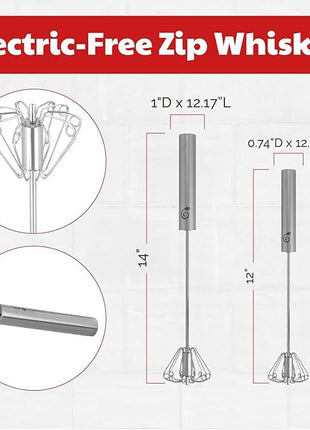 Stainless Steel Egg Whisk - Easy to Use Semi-Automatic Push-Down Zip Whisker - Rotary Hand Mixer for Beating Eggs, Frothing Milk, Blending, Mixing, Whipping Smoothies & Shakes - 2 Pack (12 &14 Inch)