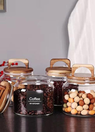 SAIOOL Glass Jars with Airtight Lid [Set of 4],Kitchen Canisters, Borosilicate Storage Containers,Retro Design, jars for Candy,Cookie,Rice,Sugar,Flour, Flour,Pasta,Nuts and Spice Jars