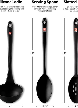 DI ORO Silicone Ladle & Spoons for Cooking – Large Kitchen Spoons for Mixing, Serving, & Stirring - Soup Ladle with Wide Bowl - High Heat Silicone Kitchen Utensils for Nonstick Cookware Safe (Black)