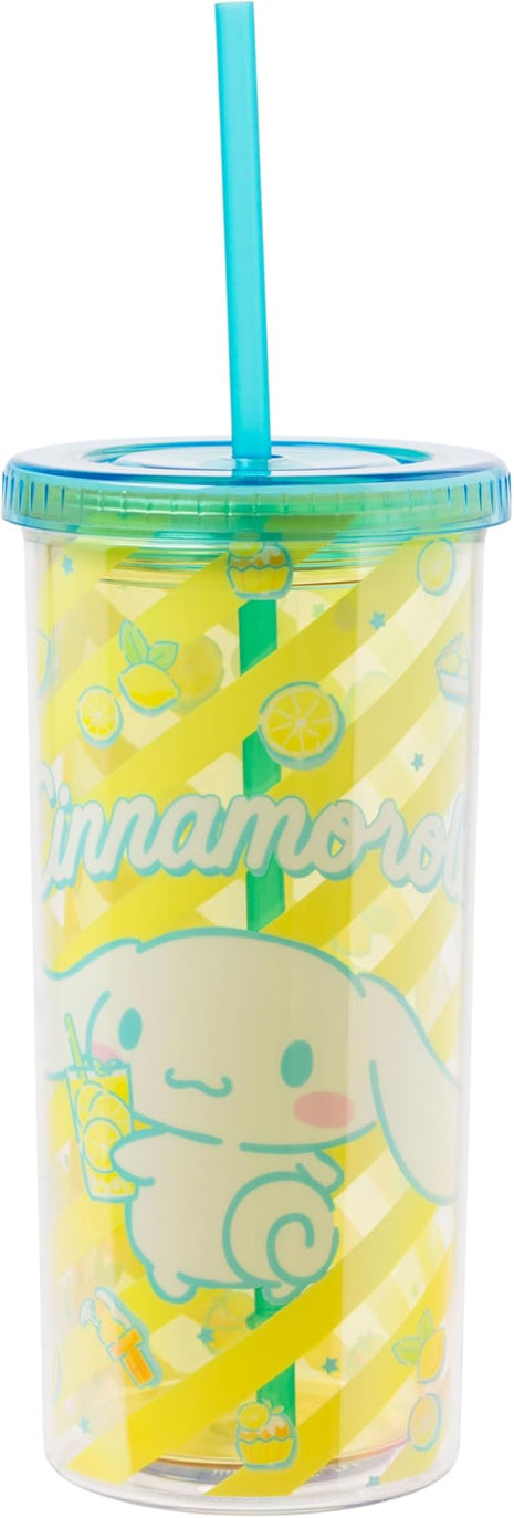 Silver Buffalo Sanrio Hello Kitty and Friends Cinnamoroll Lemons and Lemonade Plastic Cold Cup with Lid and Straw, 20 Ounces