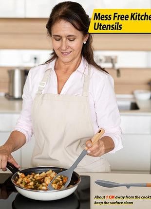 Pack of 4 Silicone Kitchen Utensils Set, Non Stick Solid Spatulas and Heat Resistant Slotted Spoons with Wooden Handle, Ideal BPA Free Cooking Utensils for Mixing,Serving,Turning,Stirring(GRAY)