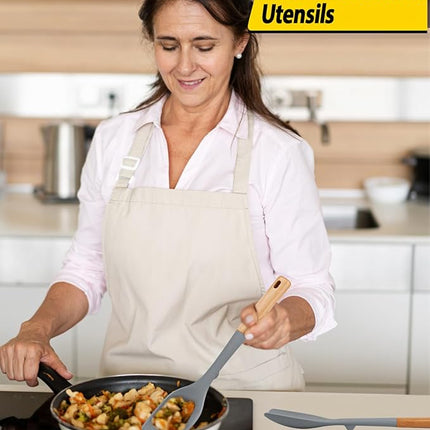 Pack of 4 Silicone Kitchen Utensils Set, Non Stick Solid Spatulas and Heat Resistant Slotted Spoons with Wooden Handle, Ideal BPA Free Cooking Utensils for Mixing,Serving,Turning,Stirring(GRAY)