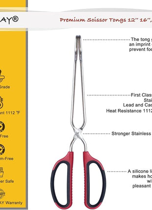 12" 16" Extra Long Stainless Steel Kitchen Tongs Set, Non-Slip Comfortable Red Grip, Scissor Design, Heat Resistant for Cooking Grilling and Serving