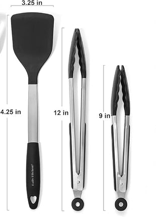 Spatulas Heat Resistant Silicone and Stainless Steel – Tongs and Turners with Rubber Grip - Flexible Silicone Spatula Tongs for Cooking and Non Stick Cookware – Cooking Utensils 4-Set