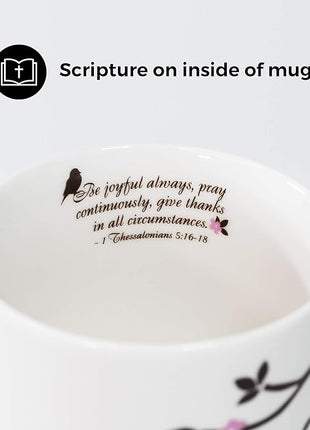 Divinity Boutique Inspirational Ceramic, Brown Birds on White Mug, 1 Theses. 5:16-17, The Joyful Always Pray, Multicolor, One Size,12 fluid ounce
