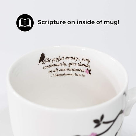 Divinity Boutique Inspirational Ceramic, Brown Birds on White Mug, 1 Theses. 5:16-17, The Joyful Always Pray, Multicolor, One Size,12 fluid ounce
