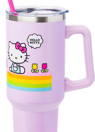 Silver Buffalo Sanrio Hello Kitty Spring and Summer Flowers Rainbow Stripes Stainless Steel Tumbler with Handle and Straw, Fits in Standard Cup Holder, 40 Ounces