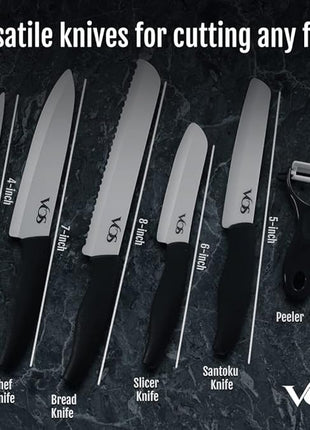 Vos Ceramic Knife with Peeler, Knives Set For Kitchen, Ultra Sharp Kitchen Knife Set with Covers, 4" 5" 6" 7" 8" Paring, Chef Knife, Santoku & 2 more, Lightweight, Dishwasher safe (Black)