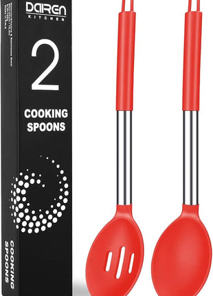 Pack of 2 Large Silicone Cooking Spoons, Non-Stick Stainless Steel Slotted and Solid Spoon Set for Serving, Mixing, Draining, Heat Resistant, Scratch Resistant and BPA Free Kitchen Scoops (Red)