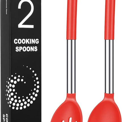 Pack of 2 Large Silicone Cooking Spoons, Non-Stick Stainless Steel Slotted and Solid Spoon Set for Serving, Mixing, Draining, Heat Resistant, Scratch Resistant and BPA Free Kitchen Scoops (Red)