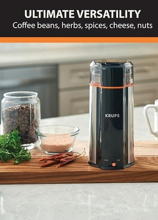 KRUPS: 3oz Coffee Grinder, Ultimate Silent Vortex Plastic and Stainless Steel Grinder with Removable Bowl Mess-Free, 8 Times Quieter, 2 Speeds 240 Watts,Dry Herbs,Dishwasher Safe,12 cups ground Silver