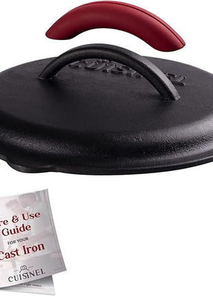Cuisinel Cast Iron Lid - Fits 8"-Inch / 20.32cm Lodge Skillet, Frying Pans or Braiser + Silicone Handle Holder + Care Guide - Pre-Seasoned Replacement Cover - Indoor/Outdoor, Oven, Open Fire, BBQ Safe