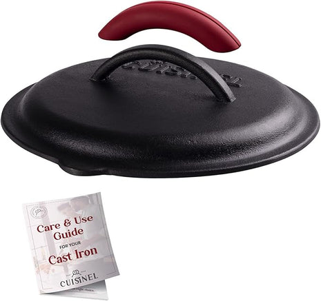 Cuisinel Cast Iron Lid - Fits 8"-Inch / 20.32cm Lodge Skillet, Frying Pans or Braiser + Silicone Handle Holder + Care Guide - Pre-Seasoned Replacement Cover - Indoor/Outdoor, Oven, Open Fire, BBQ Safe