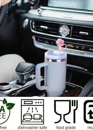 Silicone Straw Caps for 10mm Tumblers | Reusable Dust-Proof Straw Toppers Compatible with Stanley 30oz & 40oz Tumblers (Purple Flower 3pc)