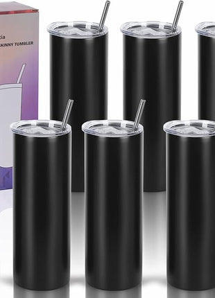 6 Pack 20 Oz Straight Skinny Tumblers,Individually Gift Boxed Stainless Steel Slim Skinny Tumbler Set Bulk, 20 Oz Insulated Slim Thin Travel Tumbler Cup for Diy, Black