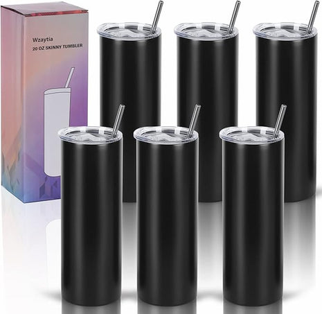 6 Pack 20 Oz Straight Skinny Tumblers,Individually Gift Boxed Stainless Steel Slim Skinny Tumbler Set Bulk, 20 Oz Insulated Slim Thin Travel Tumbler Cup for Diy, Black