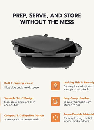 Drip EZ Collapsible BBQ Prep Tub - for Meal Prep Marinating Food Storage - Includes Cutting Board & Locking Lid - (1) XL - Black