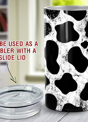 SANDJEST Cow Tumbler Cowhide Doodle 4 in 1 12oz Tumbler Can Cooler Coozie Skinny Stainless Steel Tumbler Gift for Women Girl Daughter Sister Animal Lovers Farm Girl Christmas Birthday