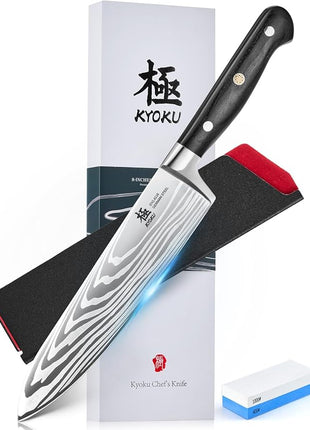 KYOKU 8" Chef Knife, Samurai Series Japanese Chef's Knife with Sharpening Stone, High Carbon Steel Kitchen Knife with Pakkawood Handle Mosaic Pin Gift Box for Meat Vegetable Fruit Chopping Slicing