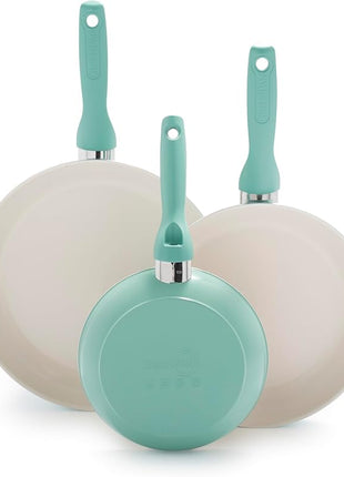 GreenPan Rio Healthy Ceramic Nonstick 7" 9.5" and 11" Frying Pan Skillet Set, PFAS-Free, Dishwasher Safe, Turquoise