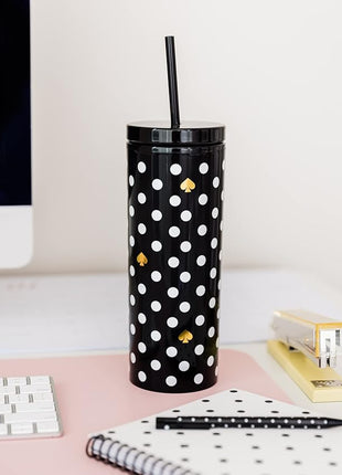 kate spade new york Insulated Tumbler with Reusable Straw, Black 24 Ounce Acrylic Travel Cup with Lid, Polka Dots