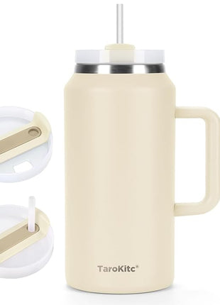 TaroKitc 64 oz Tumbler with Handle and Straw, Double Wall Stainless Steel Insulated Tumbler Mug, Large Coffee Travel Water Bottle, Keeps Cold for 34 Hours - Cream