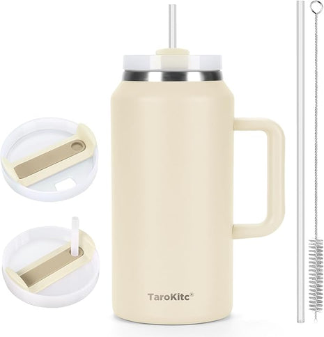 TaroKitc 64 oz Tumbler with Handle and Straw, Double Wall Stainless Steel Insulated Tumbler Mug, Large Coffee Travel Water Bottle, Keeps Cold for 34 Hours - Cream