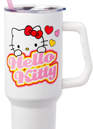 Silver Buffalo Sanrio Hello Kitty Name and Hearts Stainless Steel Tumbler with Handle and Straw, Fits in Standard Cup Holder, 40 Ounces (Pack of 12)