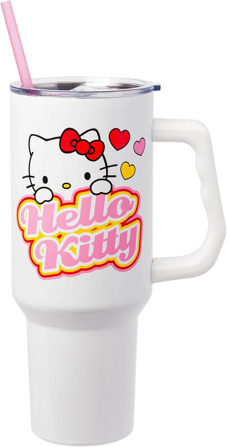 Silver Buffalo Sanrio Hello Kitty Name and Hearts Stainless Steel Tumbler with Handle and Straw, Fits in Standard Cup Holder, 40 Ounces