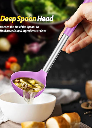 Silicone Pasta Fork and Ladle Spoon Set, Large Non Stick Kitchen Utensils for Cooking,Stirring,Serving Spaghetti, Soup, Sauce (PURPLE)
