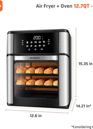 Air Fryer Oven 1800W, 12.7QT Capacity, Touchscreen Panel, Automatic Shut-Off – Black & Stainless Steel – Mondial