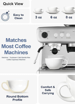 LE TAUCI 6 oz Cappuccino Cups with Saucers, Ceramic Coffee Cup for Au Lait, Double shot, Latte, Cafe Mocha, Tea - Set of 4, White