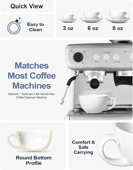 LE TAUCI 6 oz Cappuccino Cups with Saucers, Ceramic Coffee Cup for Au Lait, Double shot, Latte, Cafe Mocha, Tea - Set of 4, White