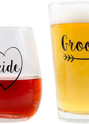 Cute Wedding Gifts - Bride and Groom Novelty Wine Glass and Beer Glass Combo - Engagement Gift for Couples