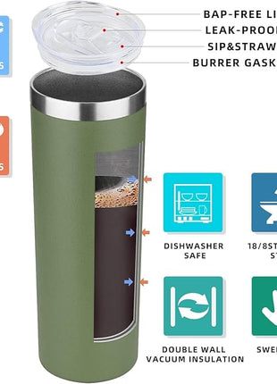 HASLE OUTFITTERS 20 oz Skinny Tumblers Bulk Set, Stainless Steel Insulated Slim Tumblers with Lids, Reusable Double Wall Travel Coffee Mugs, Durable Powder Coated Travel Water Cups(Army Green, 12)