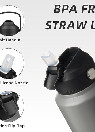 BJPKPK Insulated Water Bottle with Straw Lid, 40oz Large Thermo, BPA Free Leak Proof Stainless Steel Metal Water Bottles, Tumblers, Cups, Flasks for Travel, Sports,Black Grey